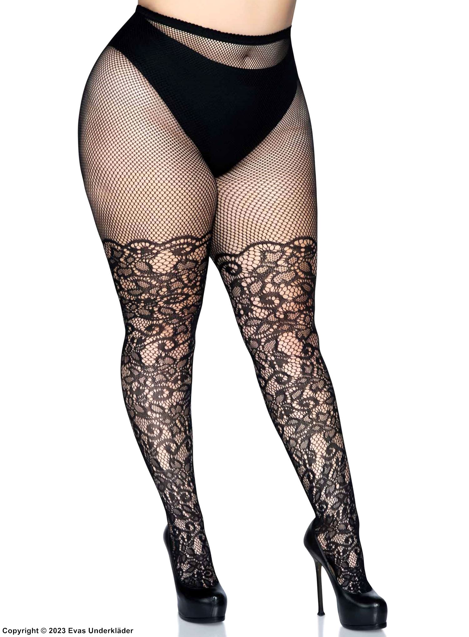 Patterned pantyhose, small fishnet, lace, plus size
